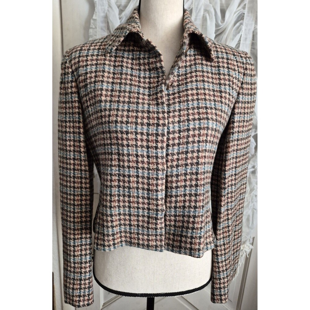 Vintage Wool Tweed Blazer Jacket Lined Cropped Long Sleeve Preppy Classic